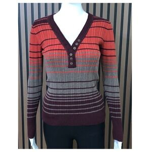 Y2K SONOMA Women's Striped V Neck Henley Sweater S Burgundy